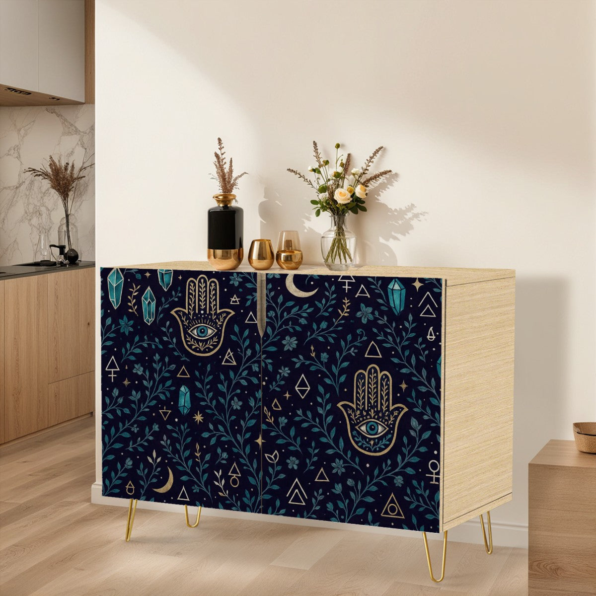 🌙 Mystic Hamsa Flip-Door Shoe Cabinet – Boho Moonlight 3-Tier Storage Organizer