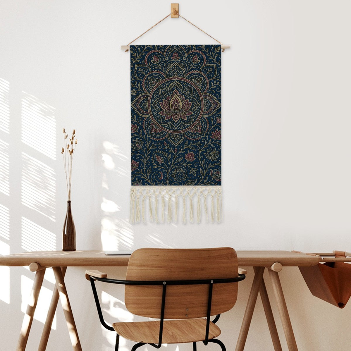 Indigo Lotus Mandala Boho Wall Hanging | Cotton Linen Banner with Fringe | Maximalist Spiritual Decor