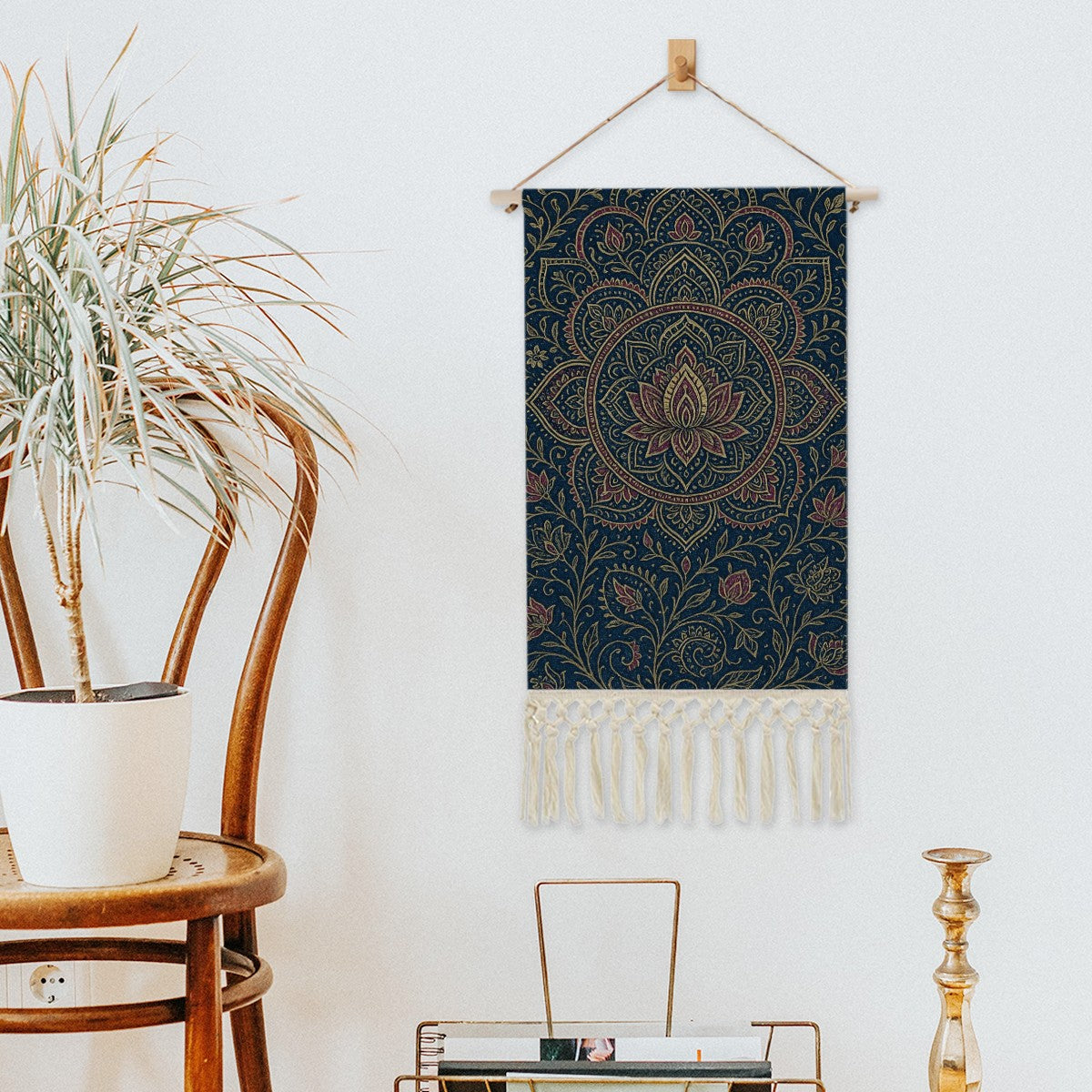 Indigo Lotus Mandala Boho Wall Hanging | Cotton Linen Banner with Fringe | Maximalist Spiritual Decor