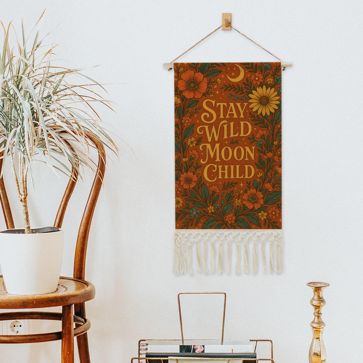 Boho Maximalist Cotton & Linen Wall Hanging – "Stay Wild Moon Child" Tapestry