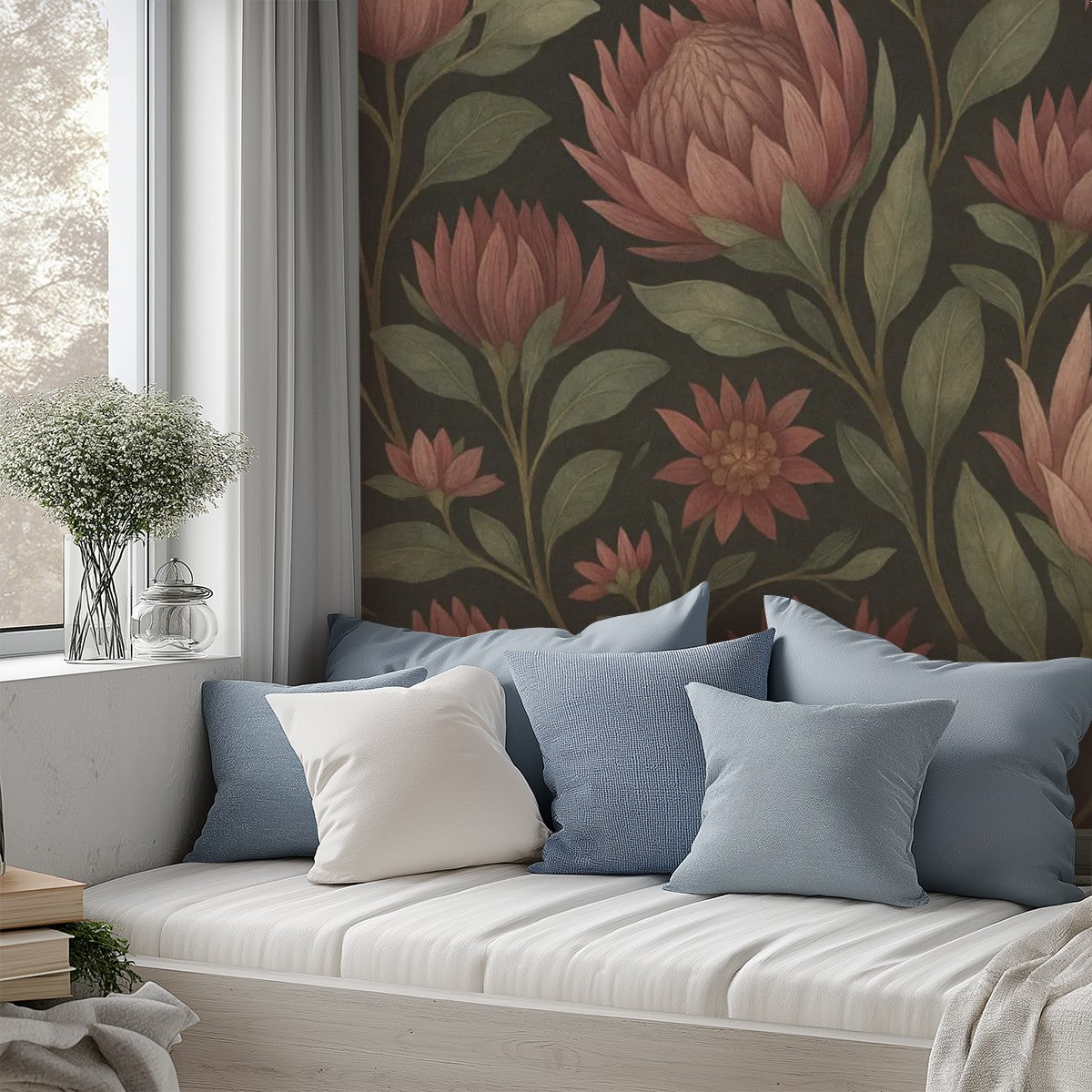 Dark Botanical Blooms Peel & Stick Wallpaper – 60"x50" (PVC, Waterproof, Easy Install)