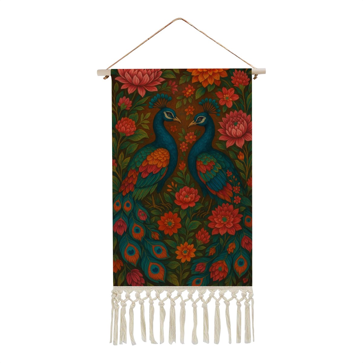 Boho Maximalist Cotton & Linen Wall Hanging – Vibrant Peacock & Floral Tapestry