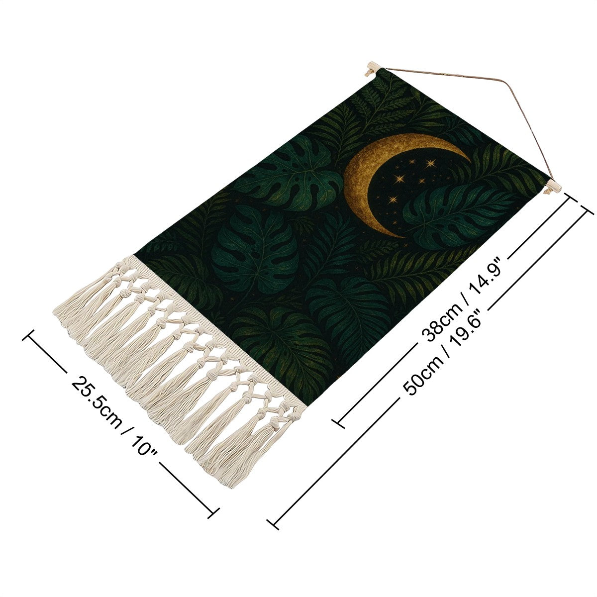 Celestial Jungle Boho Wall Hanging | Linen & Wood Banner with Fringe | Maximalist Moon & Botanical Art