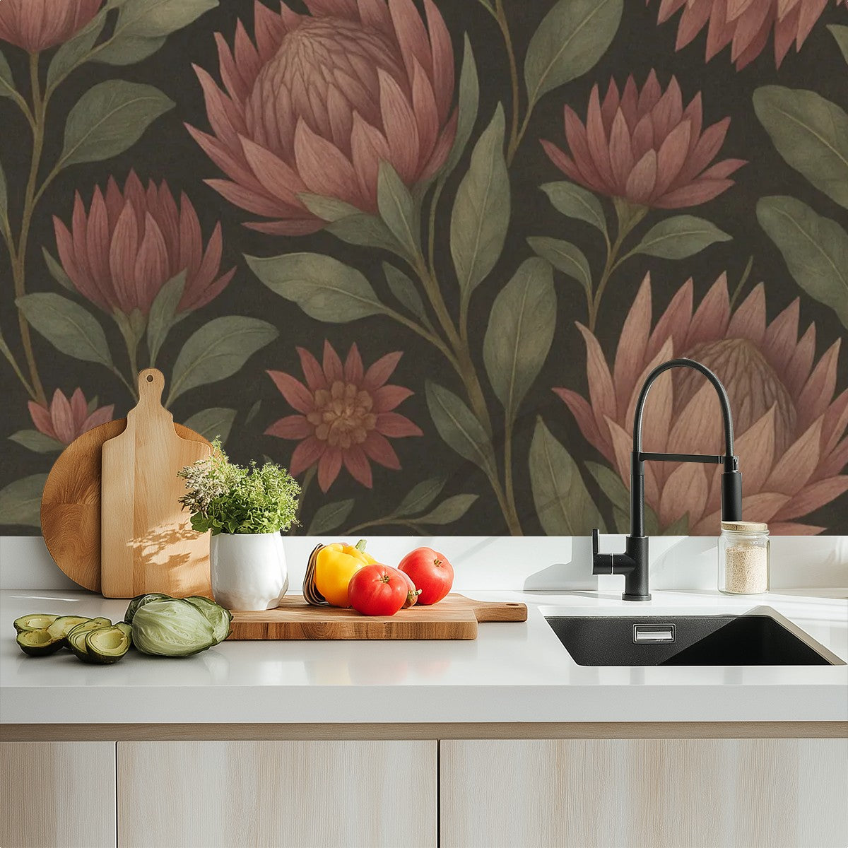 Dark Botanical Blooms Peel & Stick Wallpaper – 60"x50" (PVC, Waterproof, Easy Install)