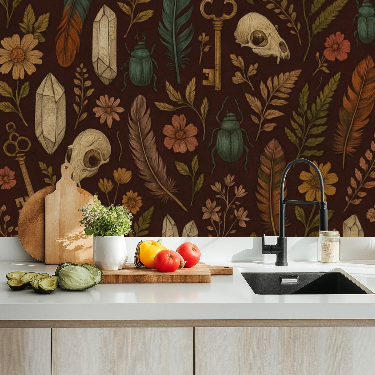 Mystical Feathers & Forest Skulls Peel & Stick Wallpaper – 60"x50" (PVC, Waterproof, Easy Install)