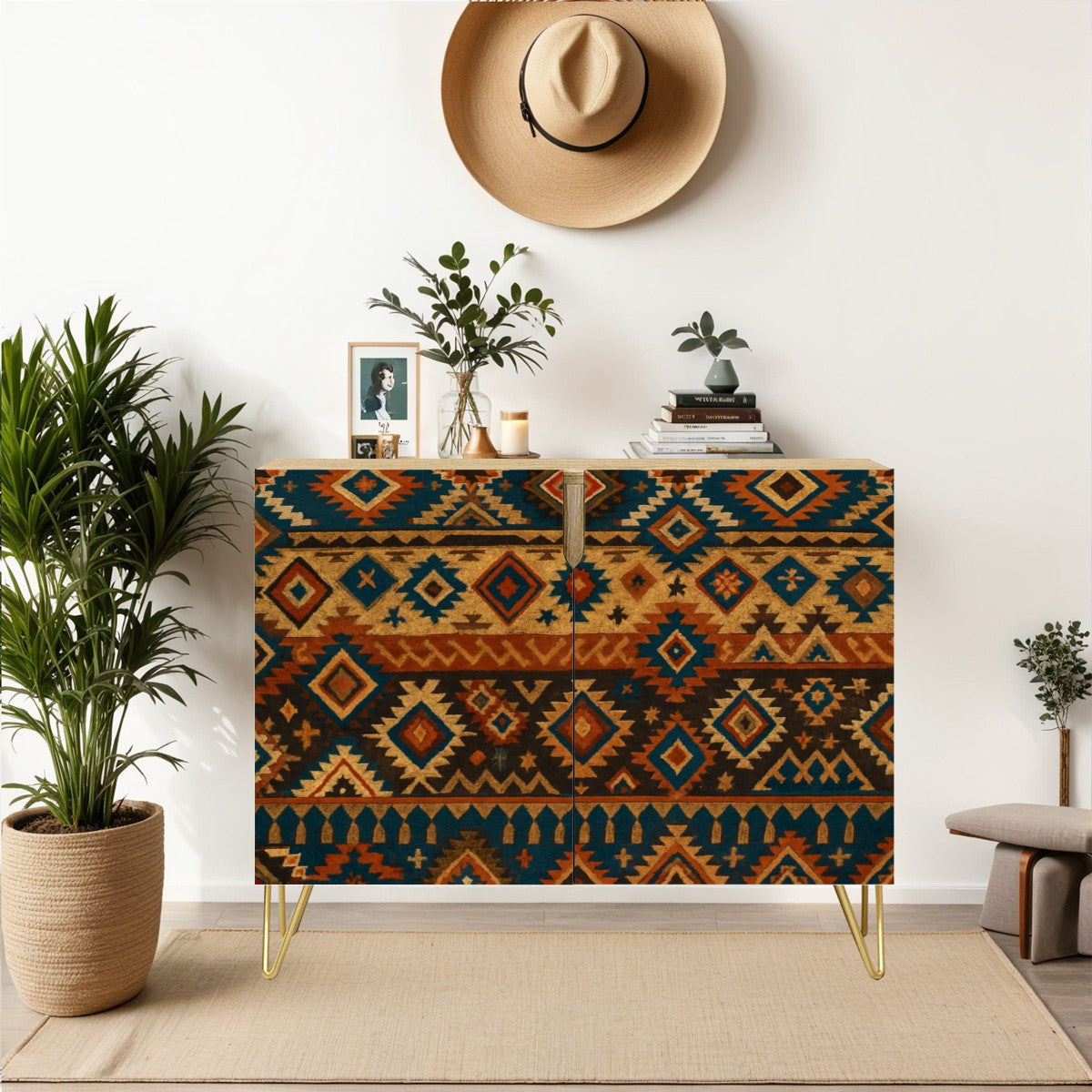 🪶 Nomad Earth Sideboard – 2-Door Boho Tribal Cabinet with Leather-Textured Aztec Print (35")