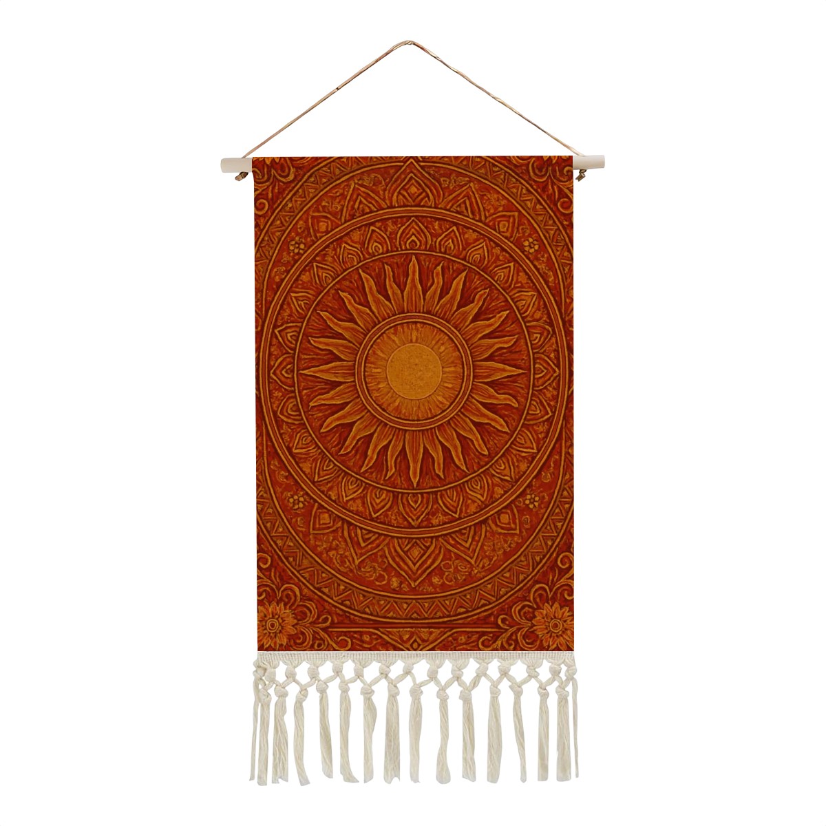 Radiant Sun Mandala Boho Wall Hanging | Warm Terracotta Linen Banner with Fringe | Maximalist Spiritual Art