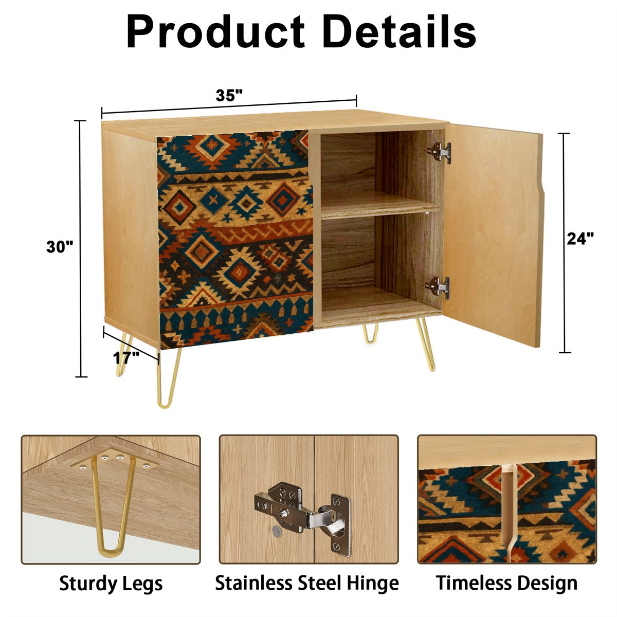 🪶 Nomad Earth Sideboard – 2-Door Boho Tribal Cabinet with Leather-Textured Aztec Print (35")