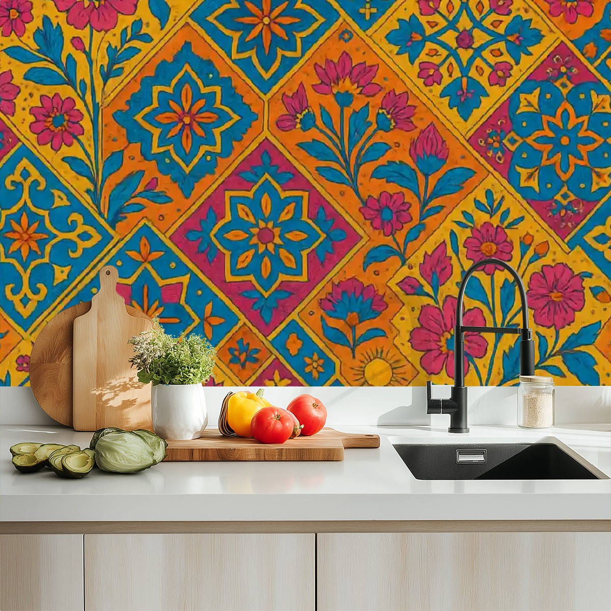 Boho Mosaic Floral Peel & Stick Wallpaper – 60"x50" (PVC, Waterproof, Easy Install)