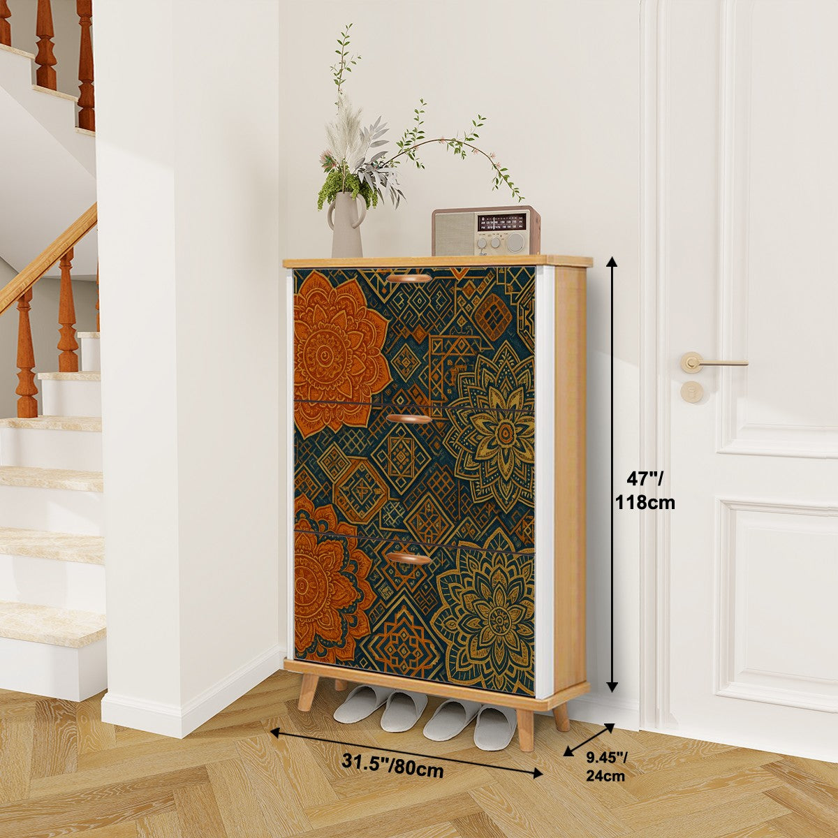 🧡 Desert Mandala Flip-Door Shoe Cabinet – 3-Tier Boho Storage with Earthy Geometric Print