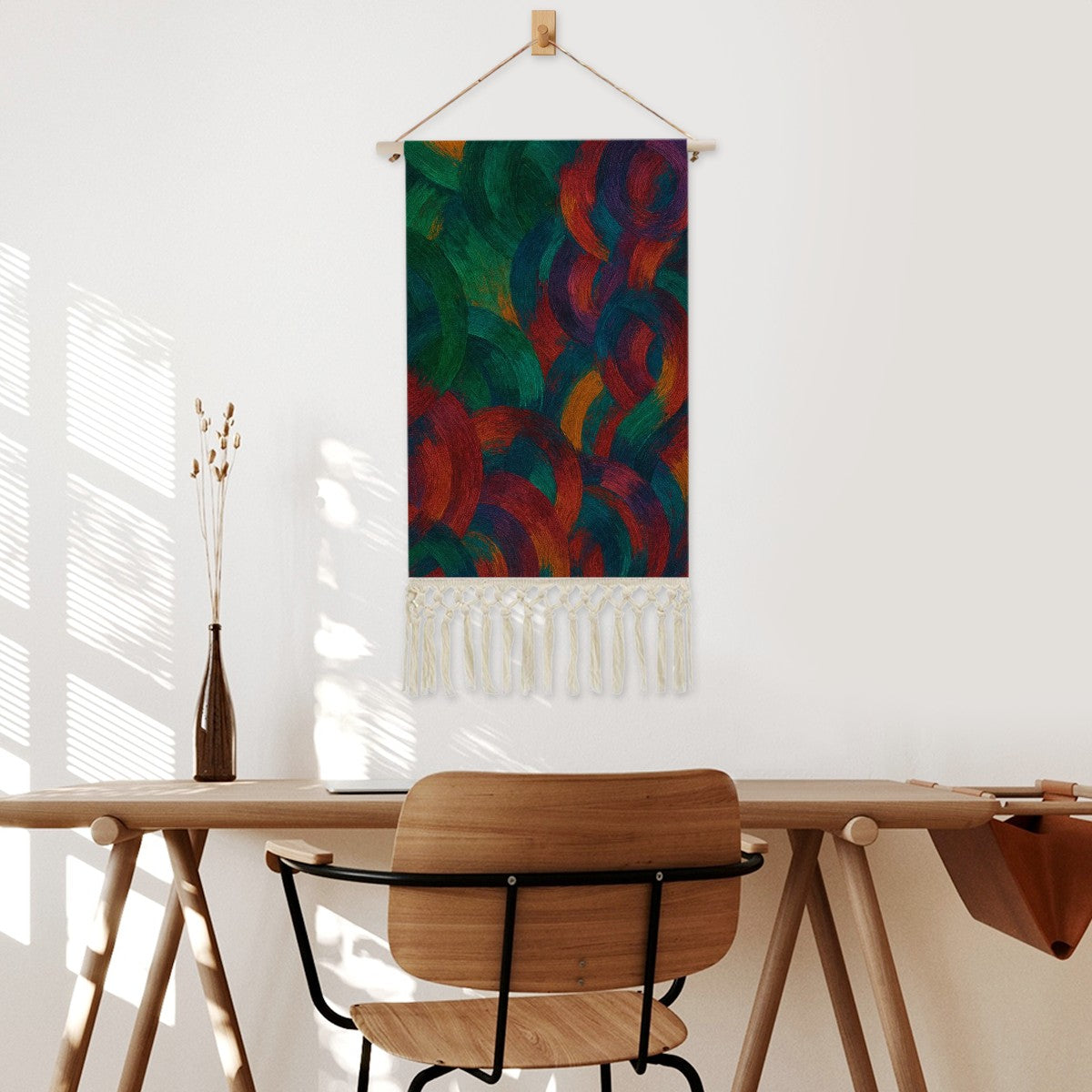 Abstract Jewel Tone Boho Wall Hanging | Vibrant Cotton Linen Banner with Fringe | Maximalist Painterly Art Print