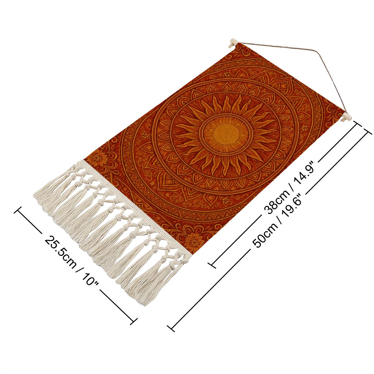 Radiant Sun Mandala Boho Wall Hanging | Warm Terracotta Linen Banner with Fringe | Maximalist Spiritual Art