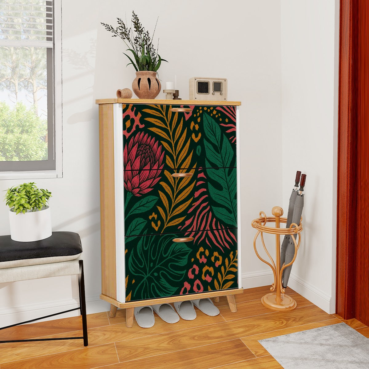 🌿 Wild Spirit Flip-Door Shoe Cabinet – 3-Tier Boho Jungle Glam Storage
