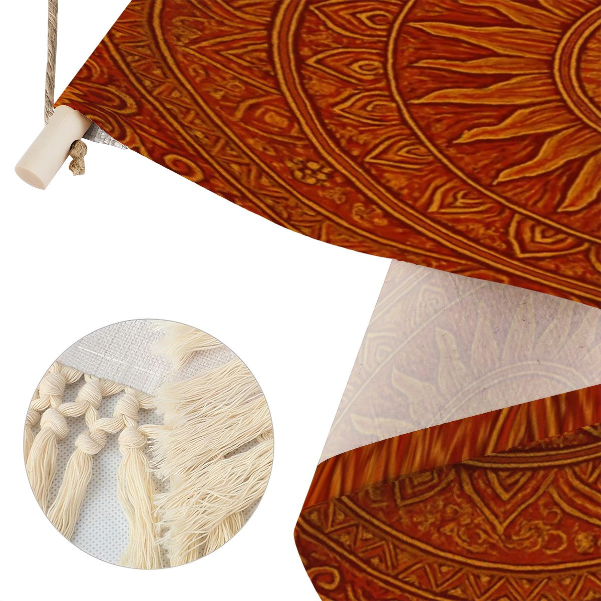 Radiant Sun Mandala Boho Wall Hanging | Warm Terracotta Linen Banner with Fringe | Maximalist Spiritual Art