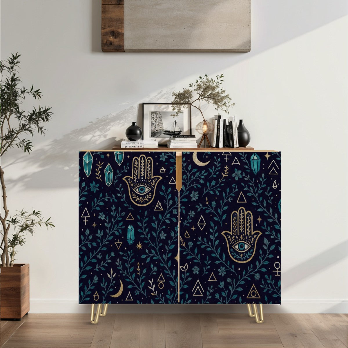🌙 Mystic Hamsa Flip-Door Shoe Cabinet – Boho Moonlight 3-Tier Storage Organizer