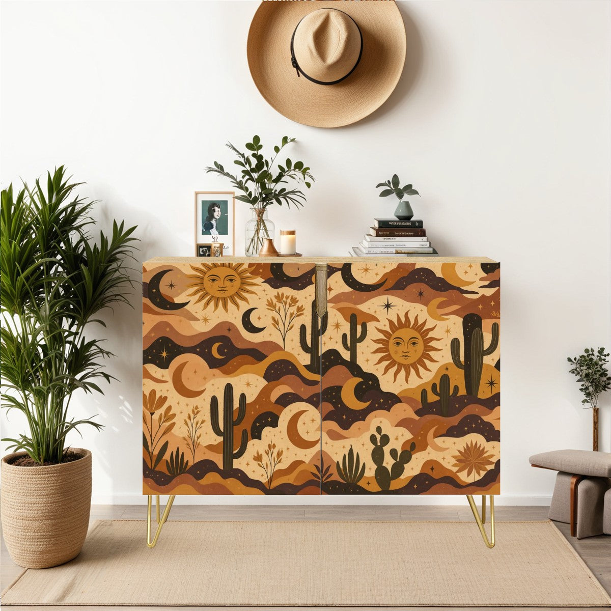 🌵 Desert Sol Sideboard – 2-Door Boho Cabinet with Sun &amp; Cactus Leather Texture (35")