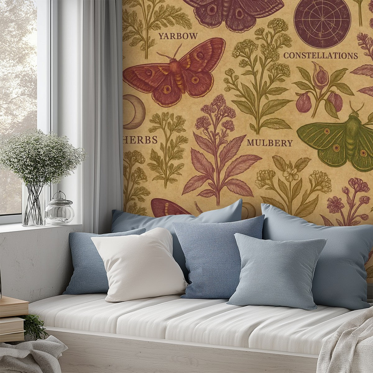 Vintage Moth & Botanical Peel & Stick Wallpaper – 60"x50" (PVC, Waterproof, Easy Install)