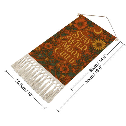 Boho Maximalist Cotton & Linen Wall Hanging – "Stay Wild Moon Child" Tapestry
