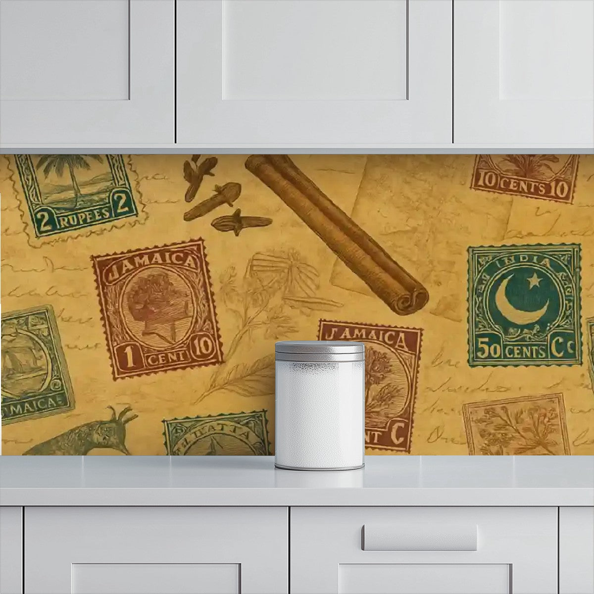 Vintage Postage Stamps & Spices Peel & Stick Wallpaper – 60"x50" (PVC, Waterproof, Easy Install)