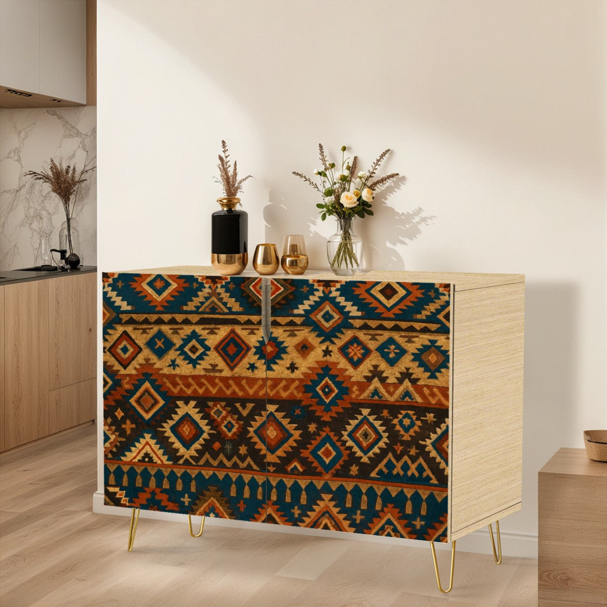 🪶 Nomad Earth Sideboard – 2-Door Boho Tribal Cabinet with Leather-Textured Aztec Print (35")