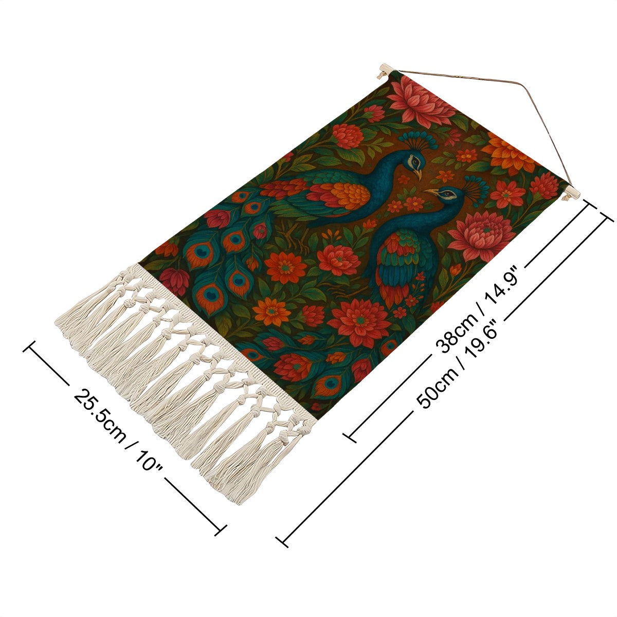 Boho Maximalist Cotton & Linen Wall Hanging – Vibrant Peacock & Floral Tapestry