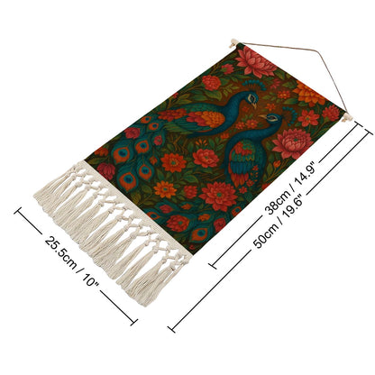 Boho Maximalist Cotton & Linen Wall Hanging – Vibrant Peacock & Floral Tapestry
