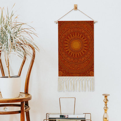Radiant Sun Mandala Boho Wall Hanging | Warm Terracotta Linen Banner with Fringe | Maximalist Spiritual Art