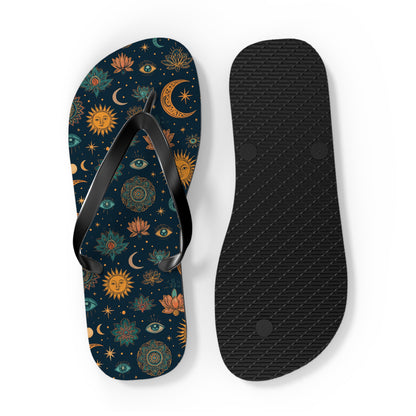 Celestial Print Flip Flops - Bohemian Sun & Moon Design for Summer Adventures