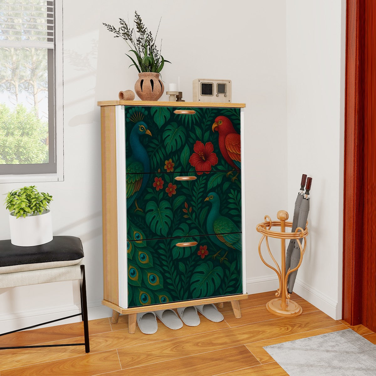 🍃 Tropical Bloom Flip-Door Shoe Cabinet – 3-Tier Boho Jungle Vibes Organizer