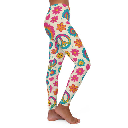 Boho Chic Women's Leggings with Peace and Flower Design