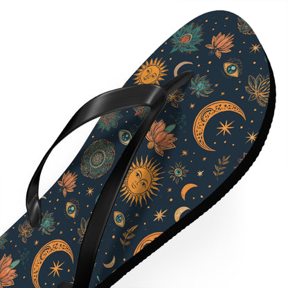 Celestial Print Flip Flops - Bohemian Sun & Moon Design for Summer Adventures