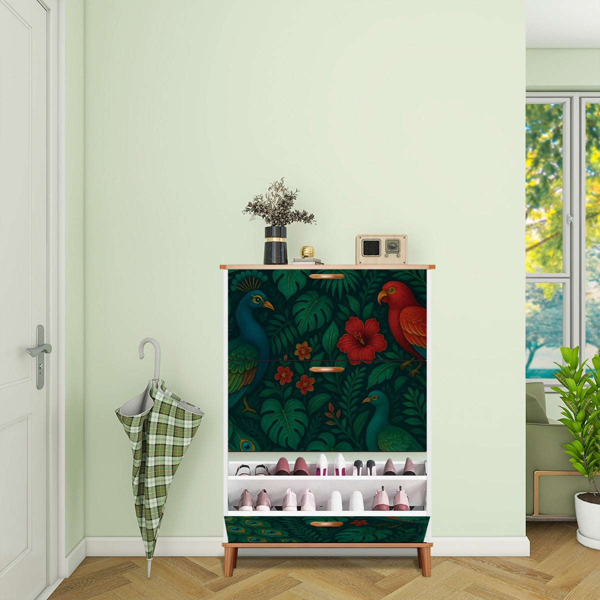 🍃 Tropical Bloom Flip-Door Shoe Cabinet – 3-Tier Boho Jungle Vibes Organizer