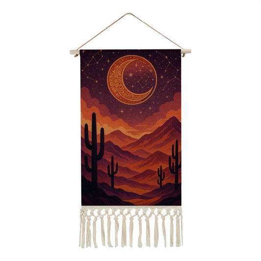 🌵 Desert Moon Boho Wall Hanging – Cotton Linen Art Tapestry (19.6"x10.0")