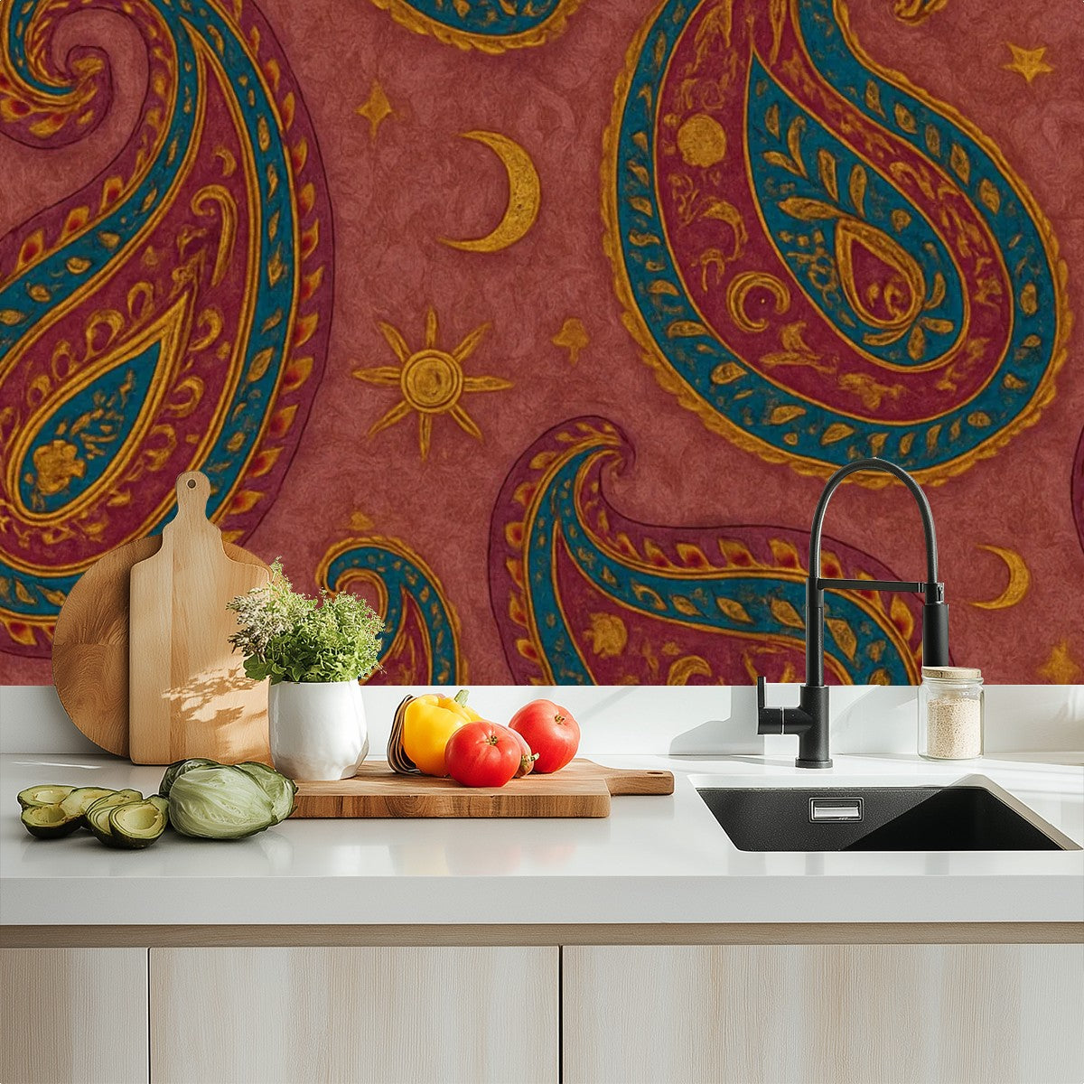 Boho Paisley Sun & Moon Peel & Stick Wallpaper – 60"x50" (PVC, Waterproof, Easy Install)