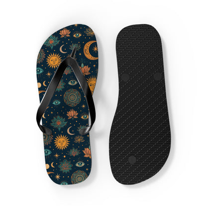 Celestial Print Flip Flops - Bohemian Sun & Moon Design for Summer Adventures