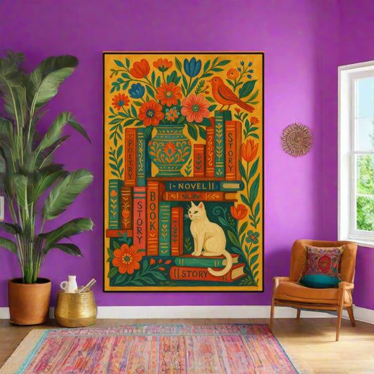 🌸 Boho Maximalist Cat & Books Wall Art – Oil Canvas Print
