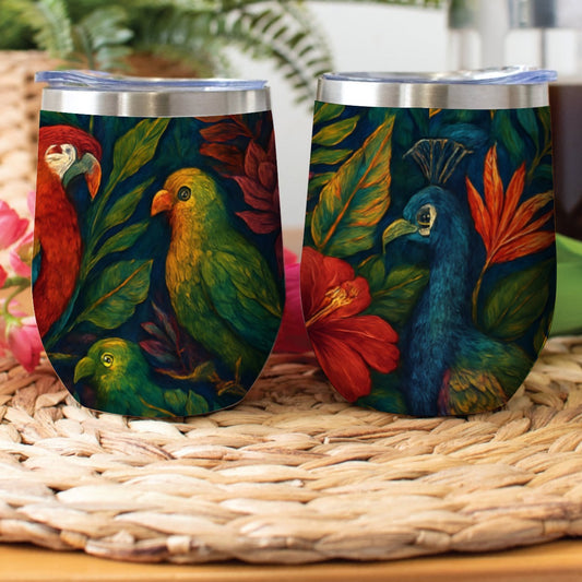 Tropical Boho Stainless Steel Wine Tumbler – Exotic Birds &amp; Jungle Blooms