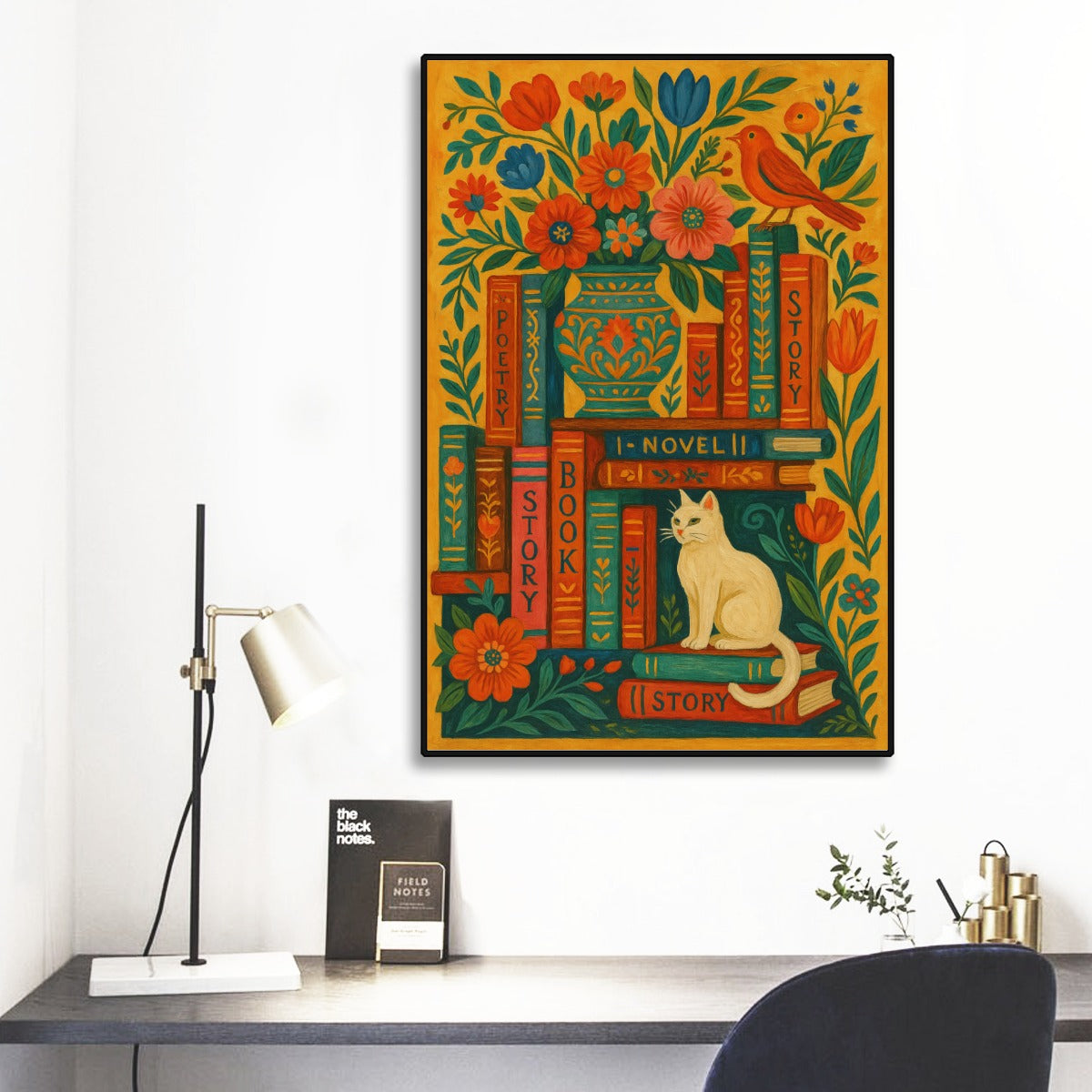 🌸 Boho Maximalist Cat & Books Wall Art – Oil Canvas Print