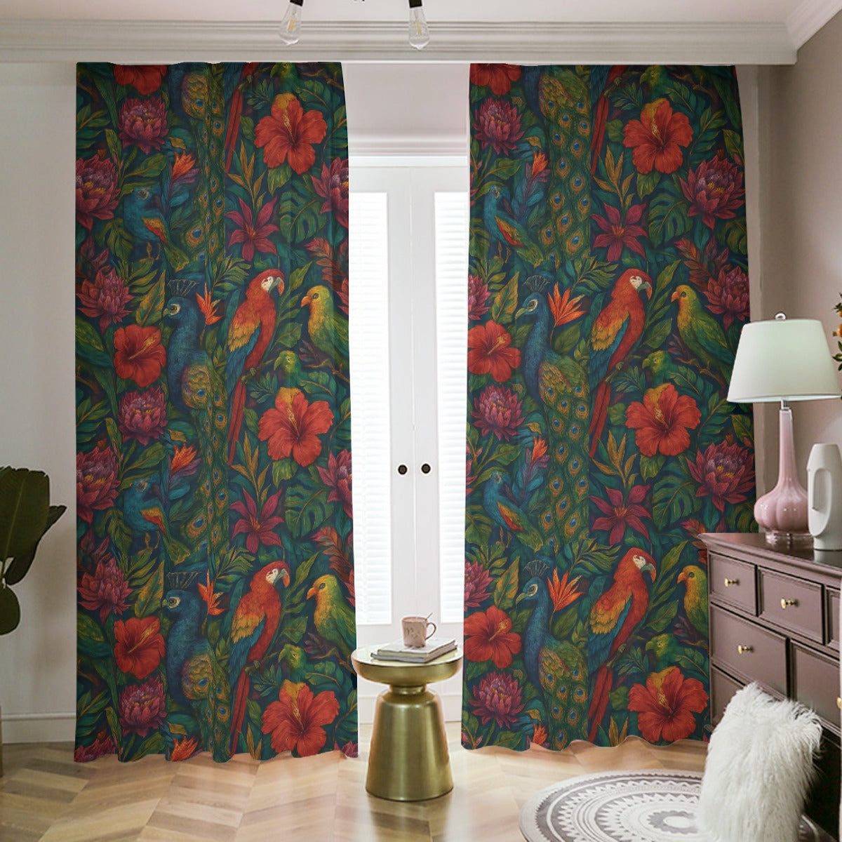 Tropical Boho Blackout Curtains – Exotic Jungle Birds & Florals (With Hooks & Rings)
