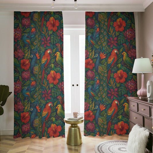 Tropical Boho Blackout Curtains – Exotic Jungle Birds & Florals (With Hooks & Rings)