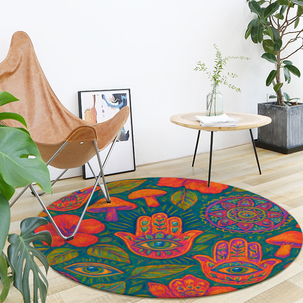 Mystic Boho Round Mat – Hamsa, Mandalas, Mushrooms & Botanicals (Foldable + Non-Slip)