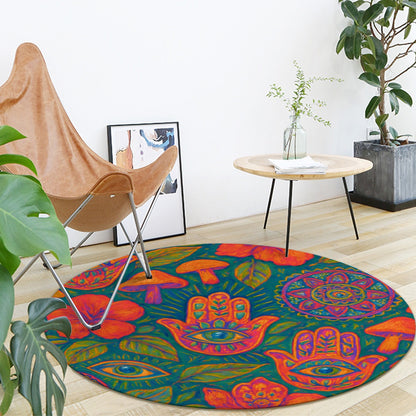 Mystic Boho Round Mat – Hamsa, Mandalas, Mushrooms & Botanicals (Foldable + Non-Slip)