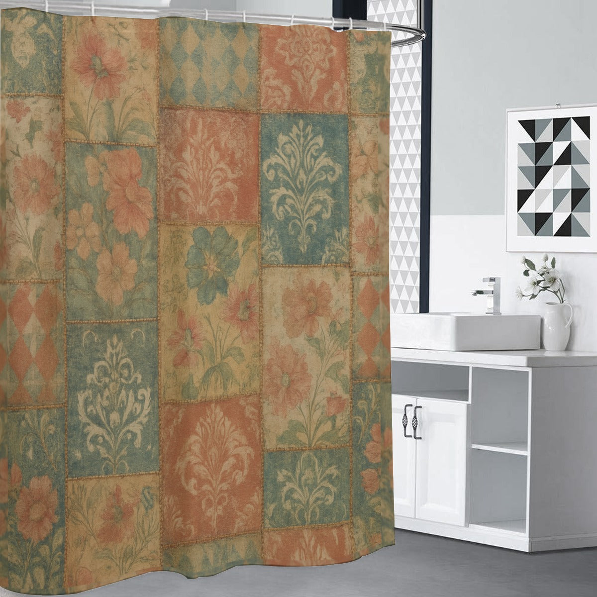 🌸 “Vintage Patchwork Garden” Shower Curtain | Waterproof | 120×180cm