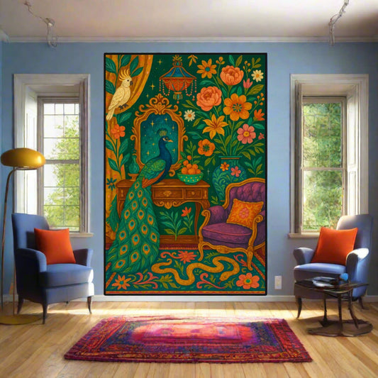 🦚 “Peacock Parlor” Black Frame Mural – Maximalist Boho Wall Art for Bold Interiors