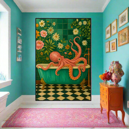 🛁 “Bath Time Babe” Black Frame Mural – Whimsical Boho Wall Art for Maximalist Souls