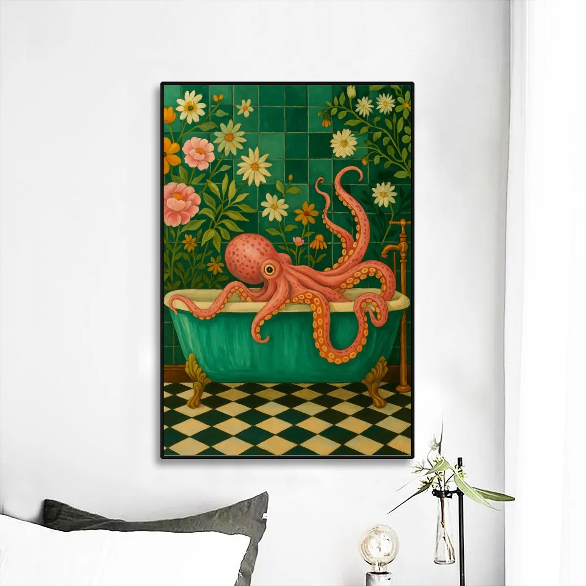 🛁 “Bath Time Babe” Black Frame Mural – Whimsical Boho Wall Art for Maximalist Souls