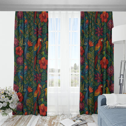 Tropical Boho Blackout Curtains – Exotic Jungle Birds & Florals (With Hooks & Rings)