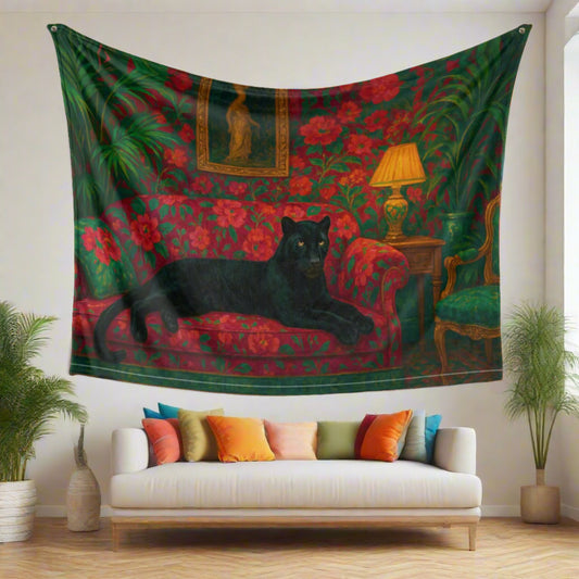 🖤 Panther on the Floral Throne Tapestry – Boho Maximalist Wall Art