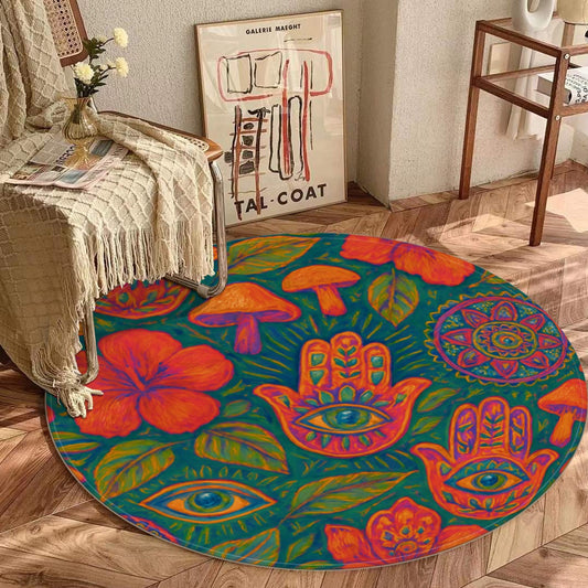 Mystic Boho Round Mat – Hamsa, Mandalas, Mushrooms & Botanicals (Foldable + Non-Slip)