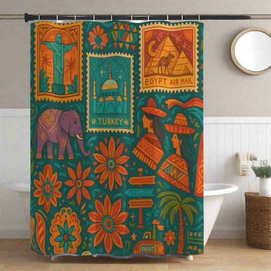 🌍 “Postcards from Everywhere” Boho Shower Curtain | Waterproof | 120×180cm